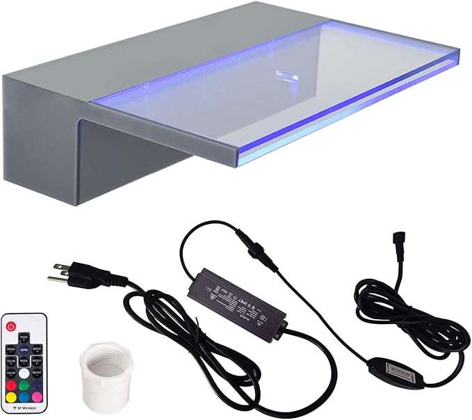 YUDA Lighted Waterfall Pool Fountain 12" with LED 7 Color Changing and Remote, Acrylic Waterfall Spillway for Sheer Descent Garden Outdoor