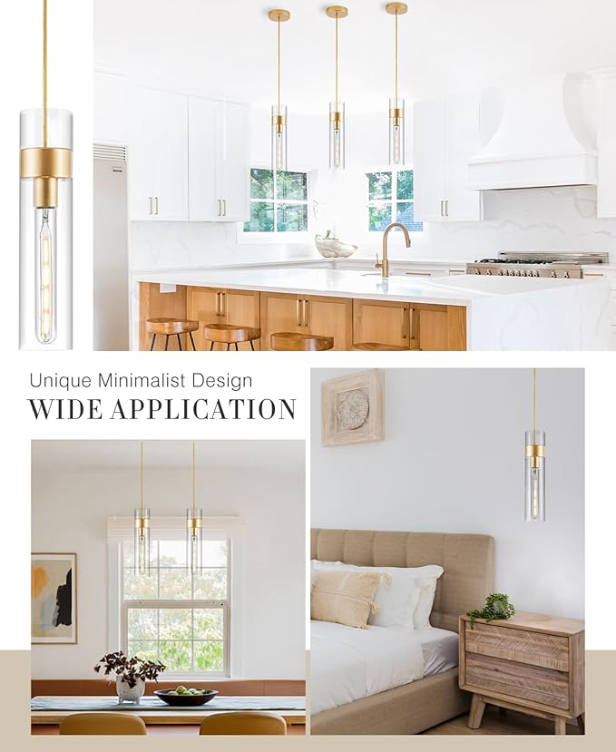 3 Pack Gold Pendant Lights Kitchen Island (Bulbs Included), Adjustable Modern Glass Pendant Light Over Island, Industrial Pendant Light Fixtures for Dining Room Hallway Bedroom Living Room