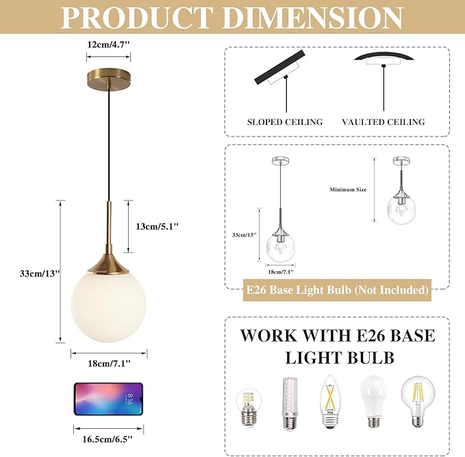 KCO Lighting Mid Century Modern Milk Glass Pendant Light Large White Globe Hanging Light Gold Ceiling Light Fixture 1 Light Pendant Lighting Brushed Brass Hanging Light Fixture