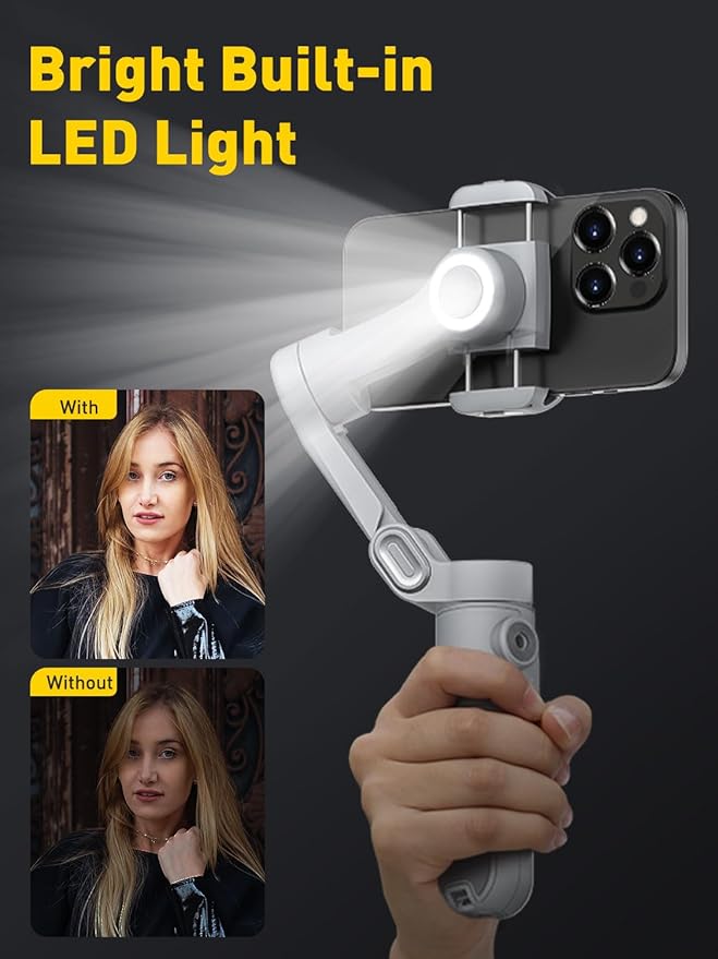 AOCHUAN Gimbal Stabilizer for Smartphone with Face/Object Tracking for iPhone 15 14 Pro Max Android,3-Axis Foldable Phone Gimbal w/Built-in Light,1/4 Threads for TikTok YouTube Vlogging(Smart X Grey)