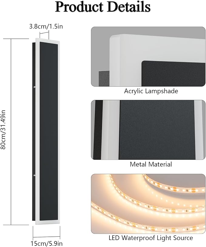 31.5Inch Modern Outdoor Wall Sconce,5.9Inch Wide Exterior LED Wall Light IP65 Waterproof 3000K for Porch Garage Courtyard