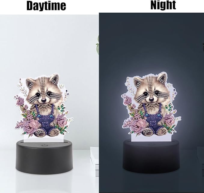 Raccoon Diamond Art Painting Night Light,Diamond Art Painting Kits Desktop Touch Lamp Ornaments for Tabletop Decor Diamond Art Accessories for Adult Beginner Bedrooms Living Room