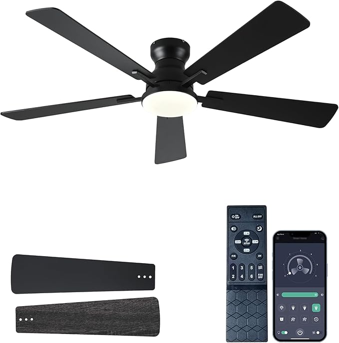 Ceiling Fans with Lights, 52Inch Low Profile Ceiling Fan with Light and Remote/App Control, Modern Flush Mount Black Ceiling Fan, 3CCT Dimmable, Reversible DC Motor, for Living Room,Bedroom