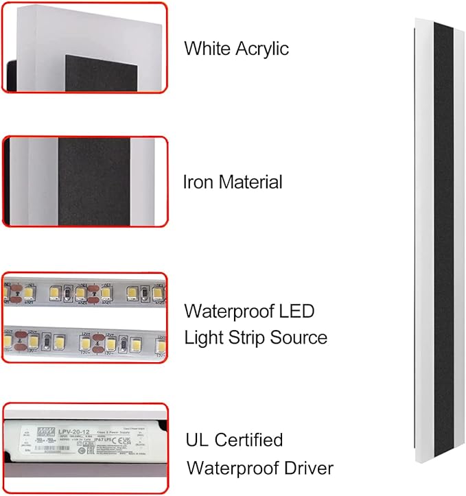 Outdoor Long Strip Modern LED Wall Lighting Fixture Lamps, Elegant Frosted White Acrylic, Black Aluminum Body IP65 Waterproof Anti Rust (Cold White, 24inch)