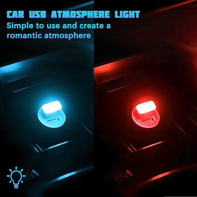 4PCS/Set USB LED Car Interior Atmosphere Lamp, Portable Mini Vehicle LED Night Light, Plug-in USB Interface Automotive Interior Ambient Lighting Kit Accessories, Universal Fit (Red+Ice Blue)