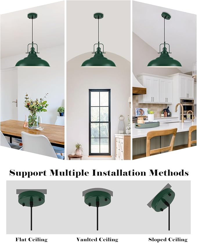 Green Pendant Light 2 Pack, 16 Inch Large Industrial Pendant Lights, Green Pendant Lights Kitchen Island, Large Farmhouse Pendant Light for Kitchen Island, Dining Room, Hallway