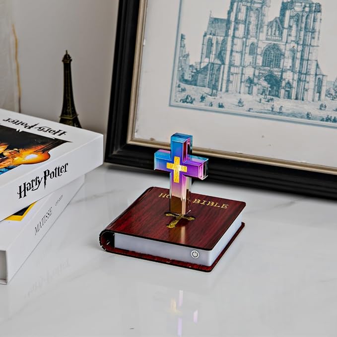 MOOCCI Levitating Cross Lamp Magnetic Floating Bible Night Light Colorful Levitation Cross Ornament with Glowing Base for Home Desk Table Decoration