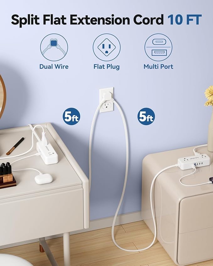 Split Extension Cord 10FT (5FT on Each Side), Single Flat Plug Twin Extension Cord with 4 AC Outlets, 2 USB-A & 3 USB-C(24W/4.8A), Nightstand Charging Station for Bedroom Dorm Room Home, His and Hers