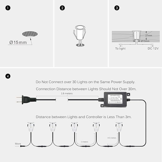 0.7" Tiny Recessed LED Deck Lighting Kits 12V Warm White Waterproof IP67,Led In Ground Lights for Steps,Stair,Patio,Floor,Pool Deck,Kitchen,Outdoor Low Voltage LED Landscape Lighting(20Pcs)