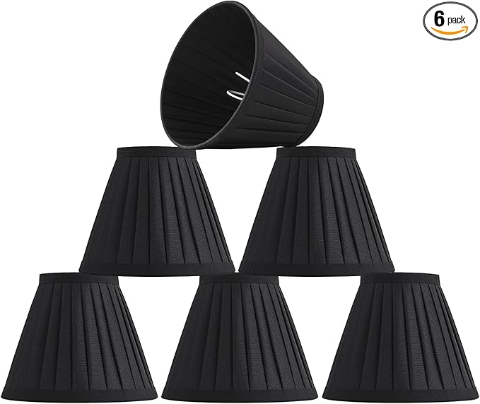 6 Pack Black Silk Pleated Chandelier Shades, 3" Top x 6" Bottom x 5" High, 3x6x5 Inch Clip On E12 Bulb, Pendant Light Wall Sconce Lamp Shades, Silk-Pleat Handmade Barrel Lampshade Covers(Small Size)