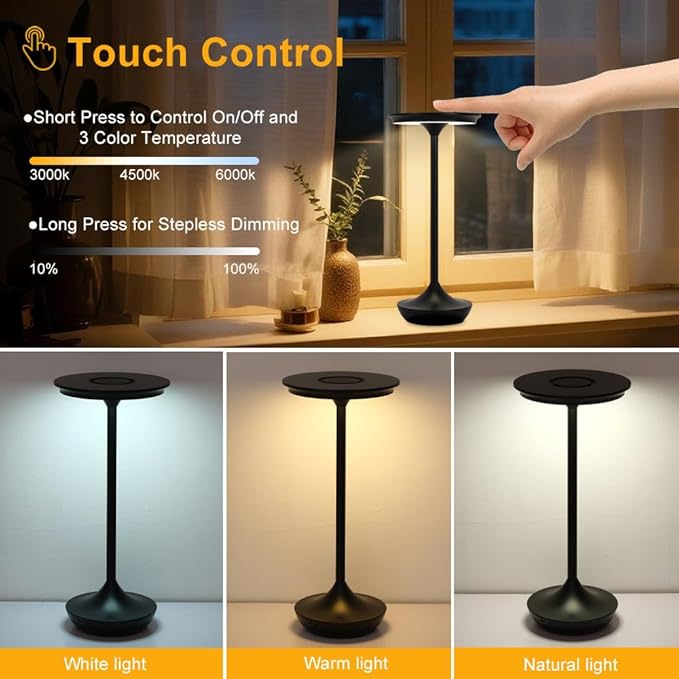 Rechargeable Cordless Table Lamp,Portable Outdoor Battery Operated LED Table Light Touch Control 3 Color Dimmable for Bedroom, Patio, Cofee,Dining Home,Restaurant&Living Room-Black