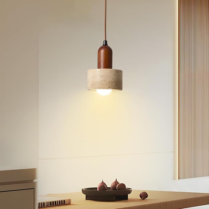 Natural Stone Pendant Light Set of 2, Wabi Sabi Travertine & Wood Hanging Lamp for Kitchen Island, Hallway, Bedroom, Dining Room Ceiling Decor (E26 Bulb, 4.9 in Stone Hat)