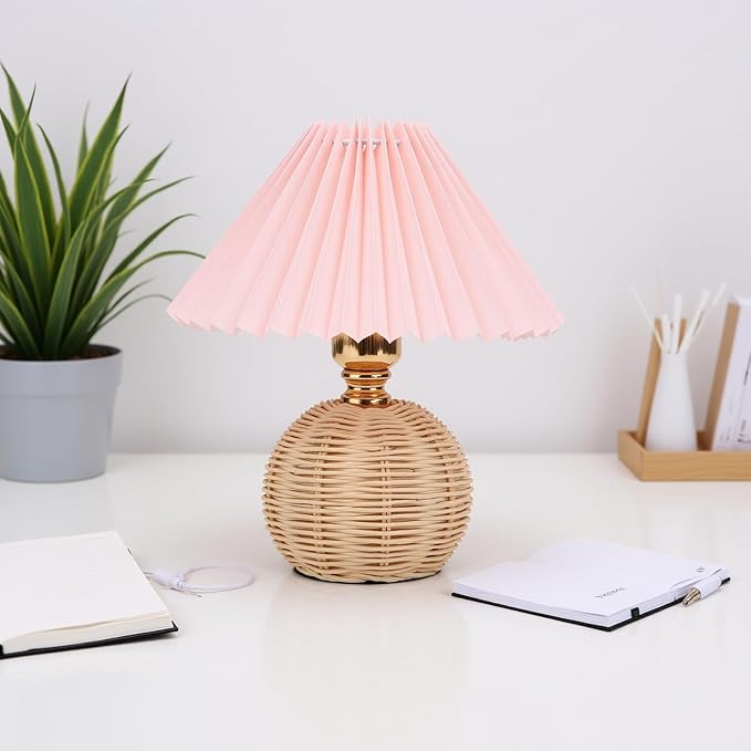 Hyuduo Pleated Table Lamp, Soft Yellow Light with Linen Lampshade and Rattan Base Bedside Lamp for Bedroom Nightstand, 10 Inch Shade 15 Inch Height Warm Glow Accent Light, Ideal for (Pink)