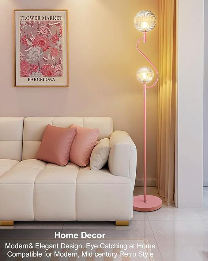 Lightdot Pink Floor Lamp, Mid Century Tall Standing Lamps with Globe Clear Glass Shade Soft Warm White Bulbs Included, Modern Unique Floor Lamp for Living Room/Bedroom/Sofa Beside/Corner Decor