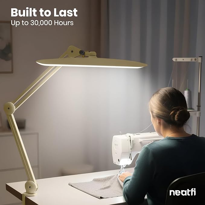Neatfi XL LED Desk Lamp with Clamp, 2200 Lumens, 24W, 20-Inch Wide Head, Dimmable 4 Brightness Levels, Task Light for Home Office, Crafts, Workbench (Non-CCT, Gold)