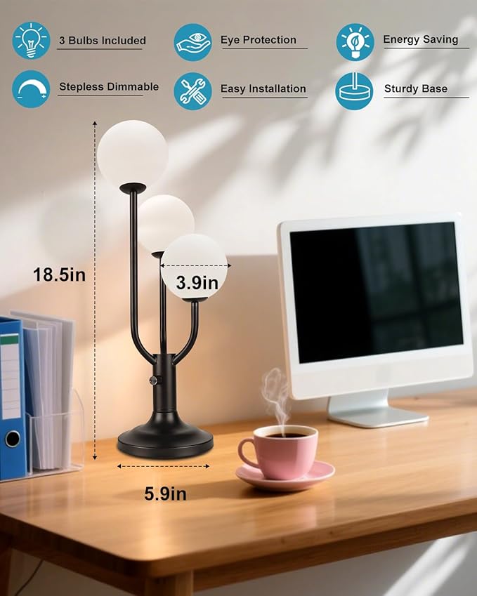 Lightdot Modern Black Globe Table Lamp Dimmable Mid Century 3-Light Desk Lamp 3000K Warmwhite Nightstand Lamp for Bedroom Bedside End Table(G9 Bulb Included)