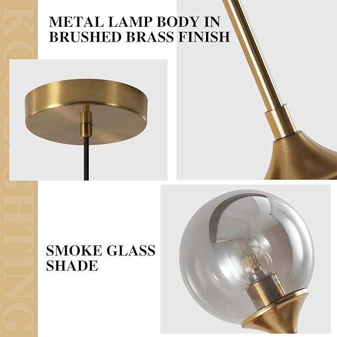 KCO Lighting Modern 1-Light Globe Pendant Light Mid Century Large Single Smoke Glass Hanging Light Brushed Brass Adjustable Pendant Light Fixture for Living Room Kitchen Island