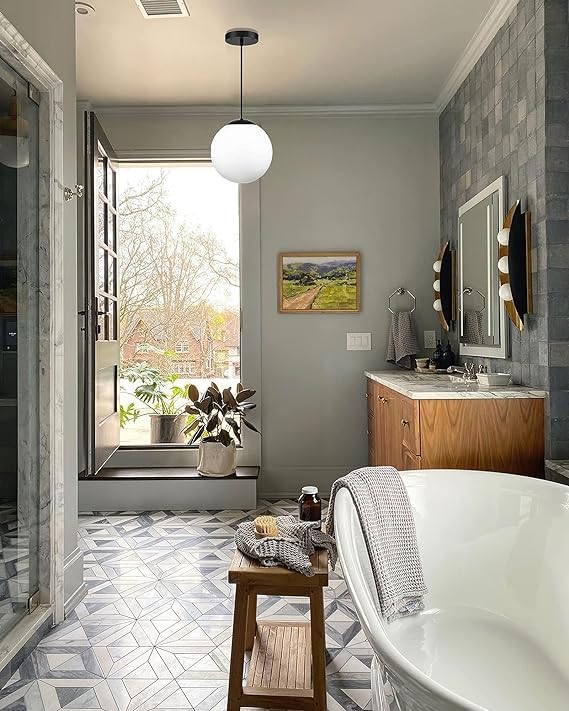 KoKo&Yukina 8-inch Globe Pendant Lighting for Kitchen Island Mid Century Modern Hanging Light Fixture with Milk Glass Globe Glass Black Industrial Hanging Ceiling Lights for Sink Bathroom Entryway