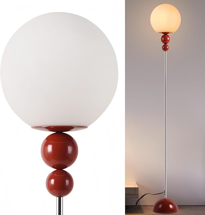 Modern Floor Lamps for Living Room, Globe Glass Shade Floor lamp for Bedroom, Standing lamp for Office, Corner(red)