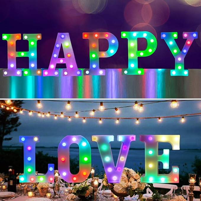 Pooqla Colorful LED Marquee Letter Lights with Remote – Light Up Signs Party Bar Letters Decorations for The Home - Multicolor E