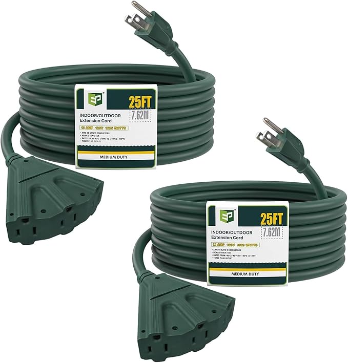 EP 2 Pack 25 Ft Outdoor Extension Cord with 3 Electrical Power Outlets - 16/3 SJTW Green Cable with 3 Prong Grounded Plug for Safety Great for Christmas Lights, Garden and Major Appliances