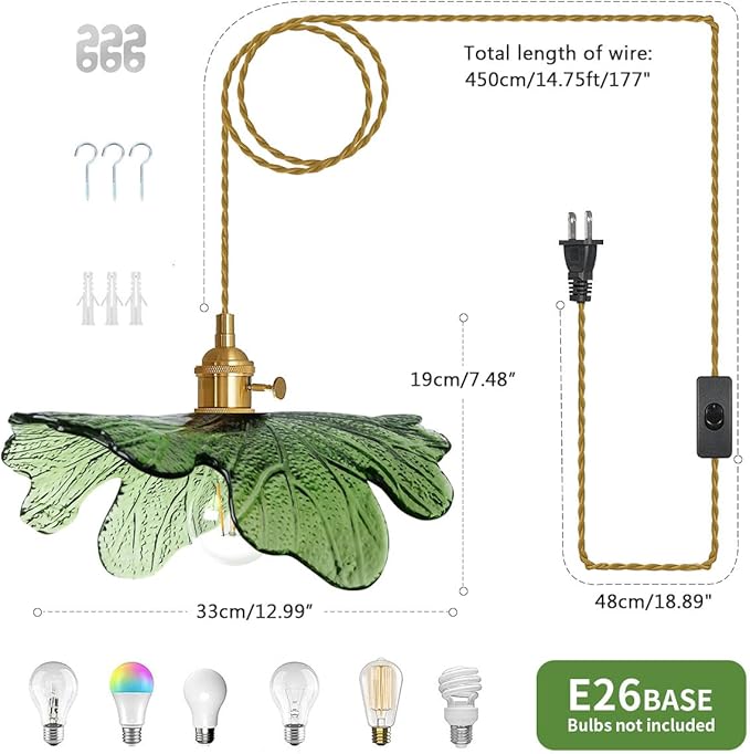 2 Pack Plug in Pendant Light 14.75ft Hanging Light with Plug in Cord Hand Blown Green Glass Pendant Lamp Brass Pendant Light Plug in Hanging Lamp for Kitchen Bedroom Living Dining Room