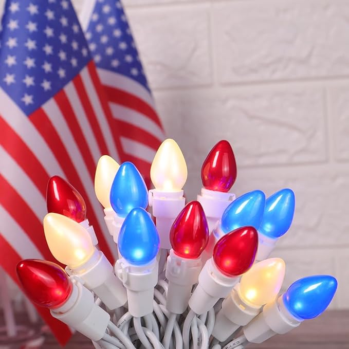 Red White and Blue String Lights 50 LED C3 Glass 4th of July String Light White Wire Independence Day Decor LED String Lights for Bedroom Patriotic Decoration Memorial Day Presidents Day
