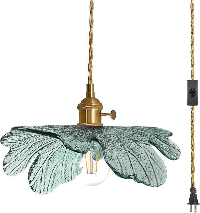 plug in Hanging light, Modern brass Pendant Light Dark green Glass Shade 14.75ft Hanging Light with Plug in Cord Large glass pendant light Plug in Pendant Lighting for Kitchen Living Dining Room