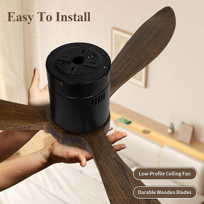 VACILL Wood Flush Mount Ceiling Fan with Light and Remote,52 inch Low Profile Ceiling Fan,Wooden Fan 3 Blades,6 Speed,LED Dimmable,DC Motor(Amber Wood)