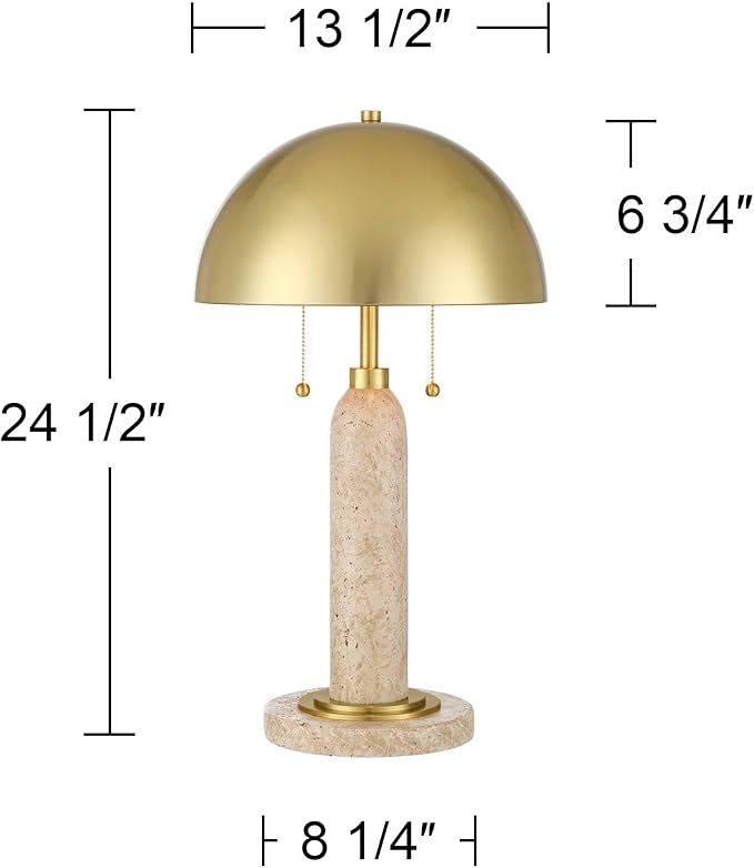 Possini Euro Design Chanterelle 24 1/2" High Mushroom Mid Century Modern Table Lamp Pull Chain Beige Faux Stone Finish Single Brass Dome Shade Living Room Bedroom Bedside Nightstand House Office