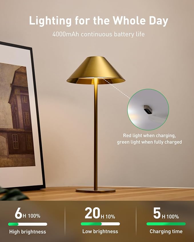 Bojim Gold Cordless Table Lamp, Rechargeable Touch Lamps with 3 Color Dimming, Wireless Battery Operated Lamp for Bedroom/Living Room