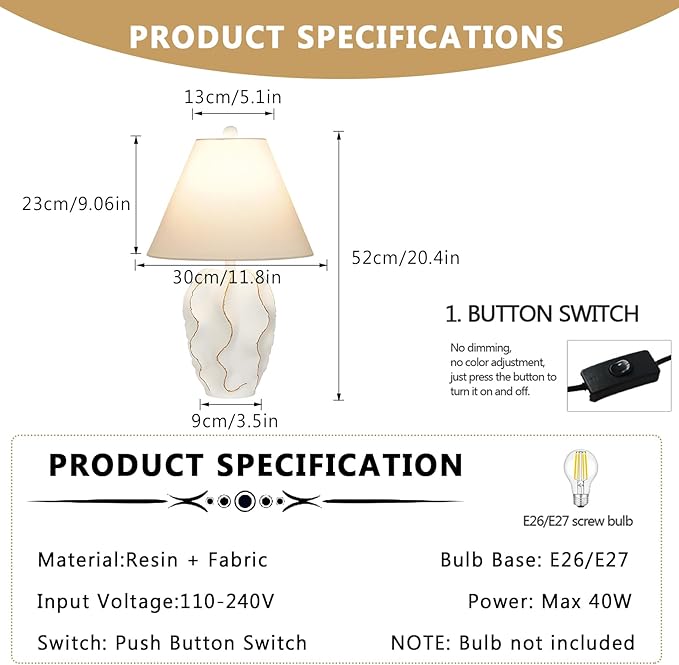 Modern Accent Table Lamp 20.4" High White＆Gold Sculptural Geometric Textured Urn Tapered Fabric Conical Shade Bedside Nightstand Lamps for Bedroom Living Room House Home Office
