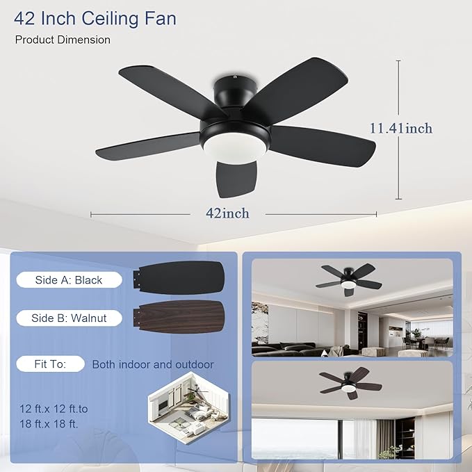 KNUN 42 Inch Ceiling Fan with Light and Remote/App Control, Low Profile Ceiling Fans with Lights,Flush Mount, Double-sided Blades, 3CCT, Dimmable, Noiseless, Black Ceiling Fan for Indoor/Outdoor Use