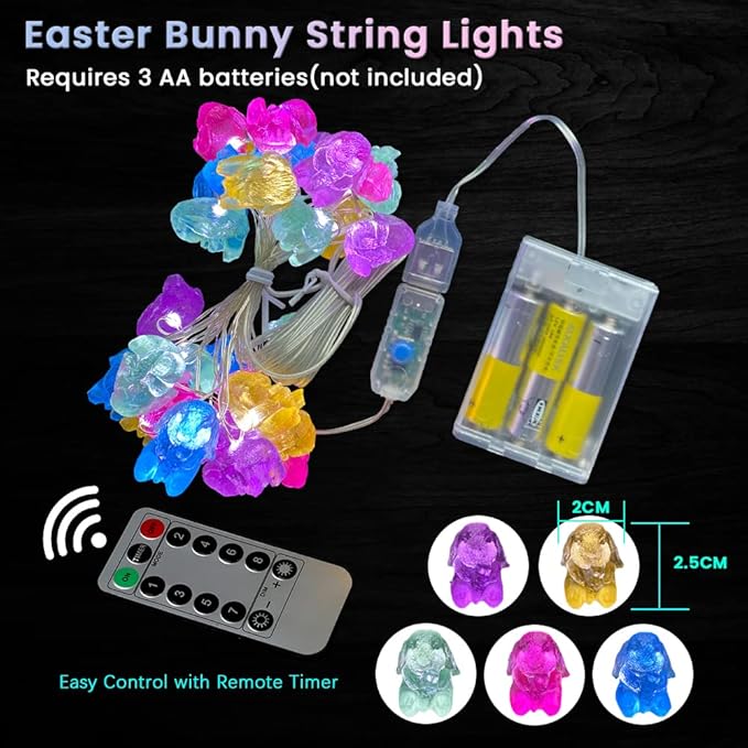 Easter Bunny Ornaments String Lights, Mini Rabbit Fairy Decorative Lights 10 ft 30 LED USB Plug in Battery Operated with Remote for Resurrection Sunday Tabletop House Front Door Patio Decor