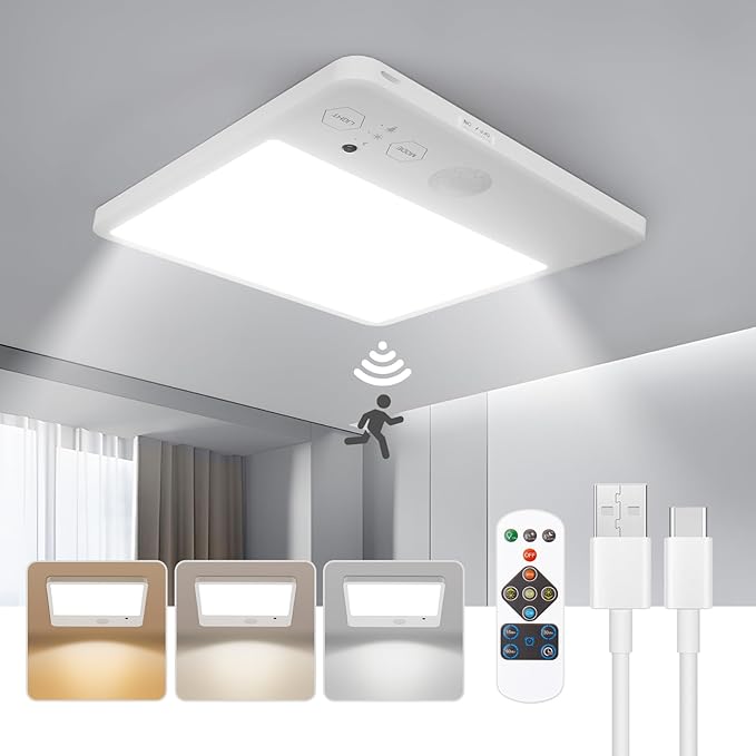 Rechargeable Ceiling Light with Remote No Wiring ,12000mAh Motion Sensor Battery Operated Ceiling Light Wireless, IP54 Waterproof Shower Light Indoor,Battery Operated Closet Lights for Pantry Bathroom