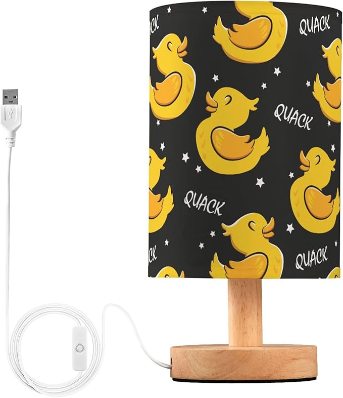 Table Lamp Cartoon Duck Stars Pattern Nightstand Lamp with Wood Base Fabric Lamp Shade Bedside Desk Lamp for Living Room Bedroom Kids Room Office