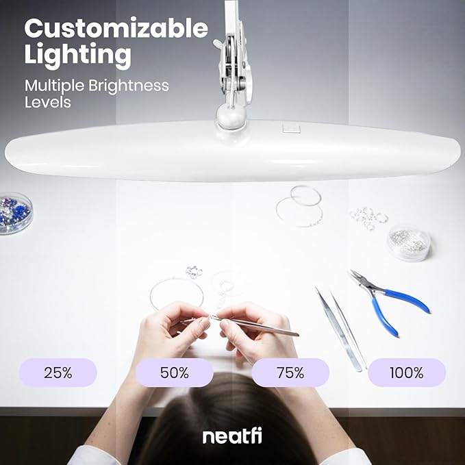 Neatfi XL LED Desk Lamp with Clamp, 2200 Lumens, 24W, 20-Inch Wide Head, Dimmable 4 Brightness Levels, Task Light for Home Office, Crafts, Workbench (Non-CCT, White)