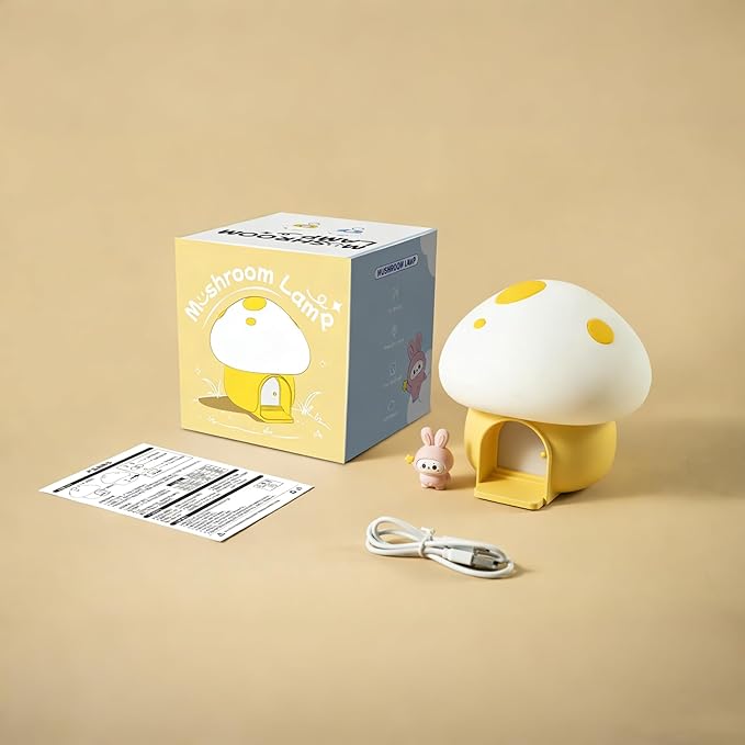 Kids Night Light, Kawaii Bunny Mushroom House Silicone Night Light with Tap Control, 3-Step Dimmable, 30/60 Min Auto-Off Timer, Rechargeable Bedside Nursery Lamp (Yellow)