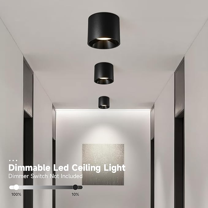 3Pack Modern LED Flush Mount Ceiling Light Fixture, 20W Dimmable & 3000K-6000K 3 Color Selectable Black Cylinder Ceiling Lamps for Low Profile Living Room Hallway Entryway Kitchen Dining Room Foyer