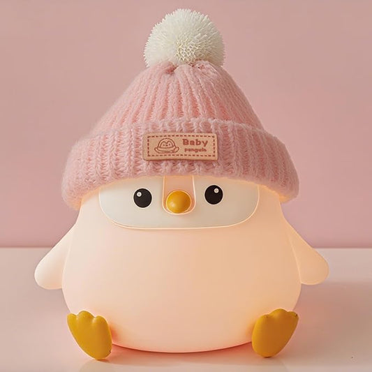 Penguin Silicone Night Light, Cute Pink Penguin Lamp with Knitted Hat, Soft Nursery Nightlight, USB Rechargeable/Dimmable,LED Squishy Novelty Animal Bedside Lamp,Funny Gifts for Kids/Girls