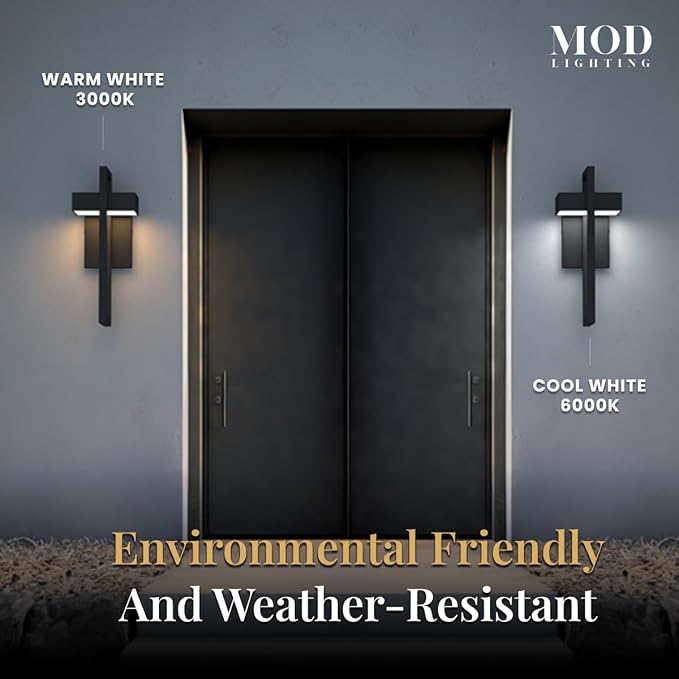 𝗠𝗢𝗗 𝗟𝗜𝗚𝗛𝗧𝗜𝗡𝗚 Terri | Modern Outdoor Wall Lights LED 10W, Exterior Wall Sconce Lights, Stainless Steel Outdoor Light Fixture, Waterproof IP65, 1 Pack (Black | Warm White 3000K | Small 14")