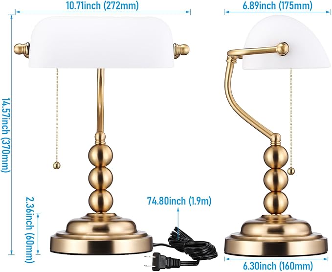 TORCHSTAR Ivory White Glass Bankers Desk Lamp, Antique Desk Lamps with Retro Weighted Base, Traditional Library Lamp with Pull Chain, E26 Base, Vintage Desk Lamp for Office, Study Room