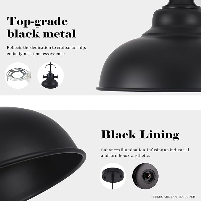Black Pendant Lights Kitchen Island, 11.4 Inch Dome Pendant Light, Farmhouse Pendant Light, Island Pendant Light for Kitchen Island, Dining Room, Living Room (1 Pack)