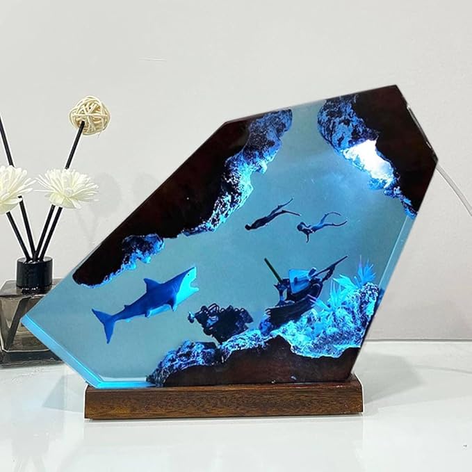 Shark Ocean Resin Lamp, Handmade Wooden Table Resin Night Light, USB Port Art Ornaments for Home Office Decor, Scuba Diver Gifts for Birthday Holiday, Valentine's Day Gifts for Husband