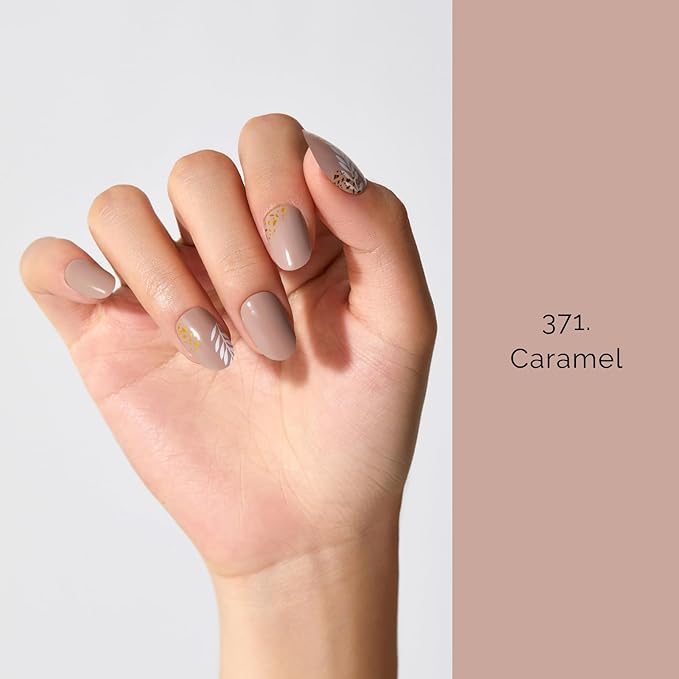 Semi Cured Gel Nail Strips - NAILOG 20 Pcs Brown Leaves Nail Stickers Extra Long Wraps with Glossy Gel Finishing for Autumn Winter, Caramel