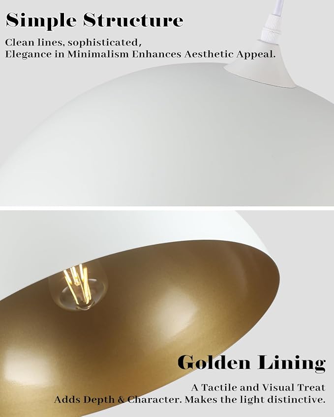 White and Gold Dome Pendant Light, 16 Inch Large Pendant Lights, White Pendant Lights Kitchen Island, Large Industrial Pendant Light for Kitchen Island, Dining Room, Cafe, Bar, 2 Pack