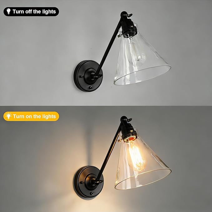 Industrial Vintage Slope Pole Wall Mount Single Sconce with Funnel Flared Clear Glass Shade, Swing Arm Wall Sconce Light Lamp Fixture Hardwired