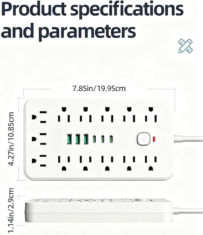 Surge Protector Power Strip 10 FT Flat Plug, 1875W/10A, 13 Multiple AC Outlets with 3 USB-A 3 USB C, One Touch Switch Button,Perfect for Home, Office, or Travel Use. White