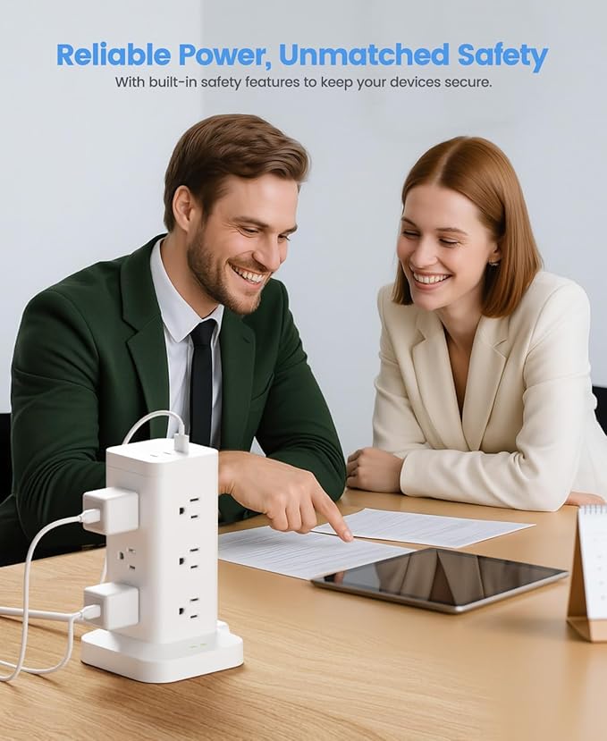 Power Strip Tower with Surge Protector 1800J, Fast Charging PD20W USB-C Ports with 12 AC Outlet Extenders, 10ft Extension Cord for Home Office Dorm Room Essentials, White