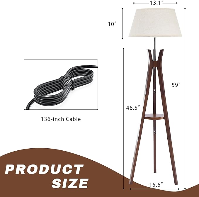 Floor Lamp with Shelf Table, Mid-Century Modern Corner Floor Lamp with Beige Linen Shade, Tall Standing Lamp with Bamboo Tripod Frame, E26 Base for Living Room Bedroom Office